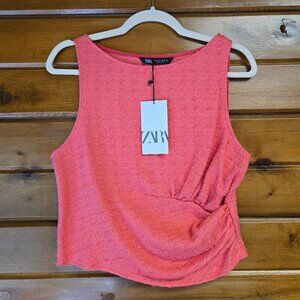Zara NWT Tweed Rouched Sleeveless Dressy Top Coral Size L